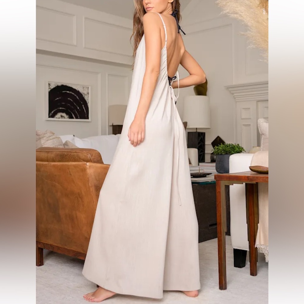 NWT Heatwave Beige Wide-Leg Swim Cover-Up Jumpsuit Size L open back v neck - Picture 2 of 14